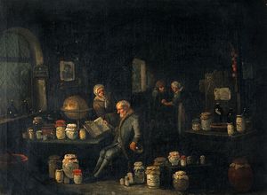 An old man consulting a book and holding a flask in a room with many pharmacy jars.