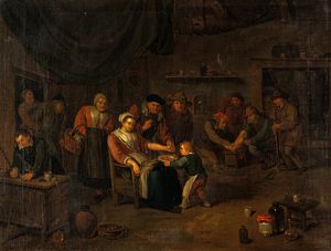 Interior of a surgery with a woman having blood let from the arm, a surgeon treating a man's injured foot, and other figures.