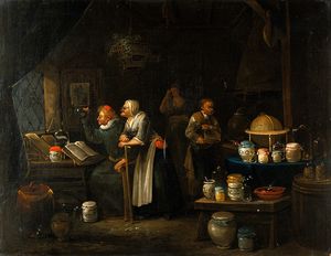 Interior with doctor, assistant, old woman and girl.