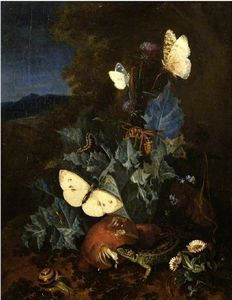 Still Life with a Thistle, Boletus, Snail, Lizard, Butterflies and a Bee in a Landscape