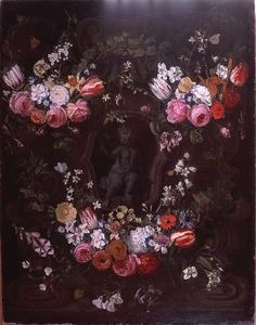 Garland of flowers surrounding cherub in grisaille.