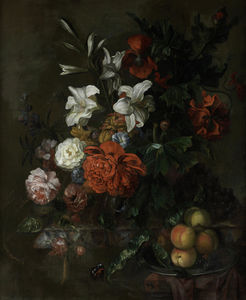 Poppies, lilies, roses and other flowers in a glass vase on a draped marble ledge, with peaches on a pewter dish, a butterfly and a snail on a marble ledge