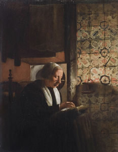 Old woman doing needlework