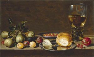 Stillleben Obst, Brot und ein Becher auf einer Tabelle