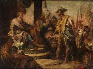 mucio escévola pone su mano dentro de fuego en frente de el etrusco príncipe Porsenna .