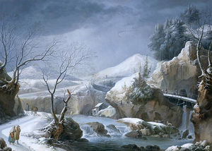 Paisaje de invierno con la secuencia y la cascada