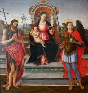 madonna in trono con lestensione benedizione bambino , john il battista e san . michele arcangelo