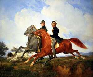 Two horsemen galloping