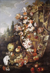 Натюрморт цветы и фрукты в саду