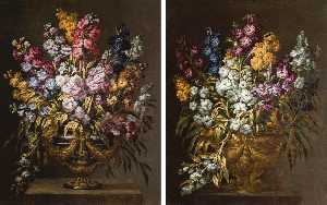 A pair of still lifes of flowers in elaborate gilt urns, each on a stone pedestal