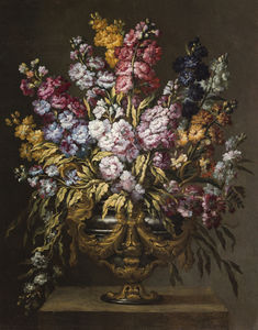 A pair of still lifes of flowers in elaborate gilt urns, each on a stone pedestal