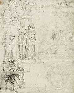 Page of sketches, foreground a draftsman seated, his portfolio on his knees.