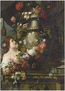 A lady adorning a sculpted urn with roses, lilies and other flowers, with a draped column and grapes on a stone ledge
