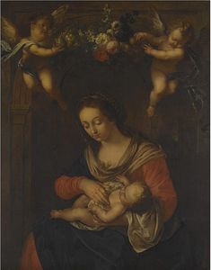Madonna y el Niño con Putti Sosteniendo una guirnalda de flores