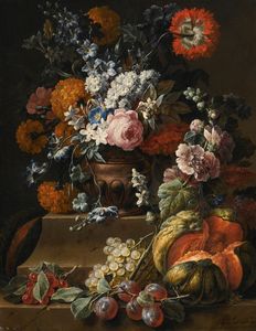 Natura morta con Malvone, garofani, e vari fiori in un vaso
