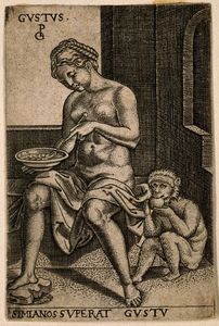 Una donna che mangia da un piatto e un frutto scimmia mangiare