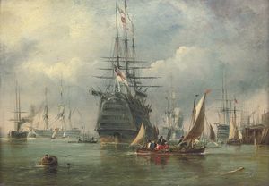 A large First Rate and other warships lying in the harbour at Portsmouth