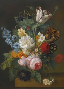 Bodegón de flores, incluyendo rosas, tulipanes y un jacinto, en una repisa