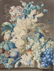 Still life with flowers and fruit in a basket