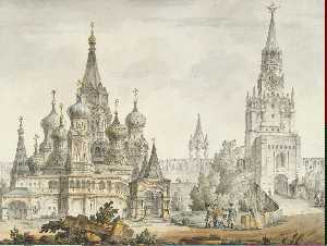 Pokrovsky Cathedral and the Spasskaya Tower in Moscow