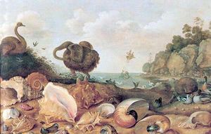 Perseo y Andrómeda con un Dodo y conchas marinas