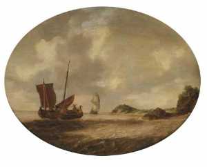 A coastal landscape with a small ship and a man-o'-war on choppy waters