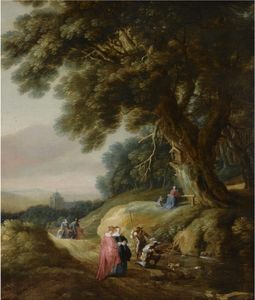 A Wooded Landscape with Elegant Travellers and Huntsman on a Path with a Woman and a Child Praying at a Shrine