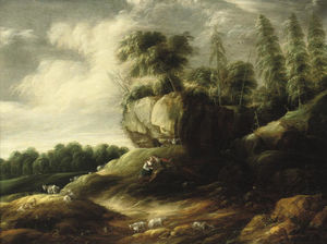 A wooded rocky landscape with a couple tending sheep