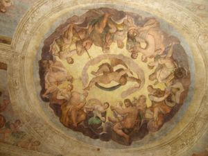 Villa Caldogno. Fresco on the lodge ceiling the Council of Gods. Attibuted to Giovanni Antonio Fasolo and others (before (1570).)