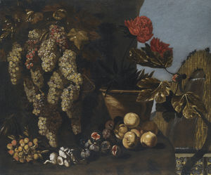 Still life with hanging grapes on the vine, figs and fungi in a garden setting