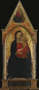 Madonna und Kind inthronisiert, Gott der Vater mit zwei Engeln oben