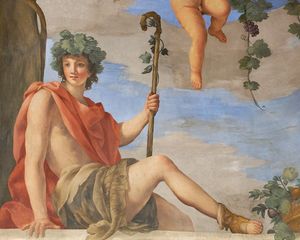 狄俄尼索斯，秋天的寓言详细。壁画，天花板的角落里，安妮前厅奥地利的夏季公寓。