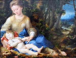 virgen y el niño en un paisaje