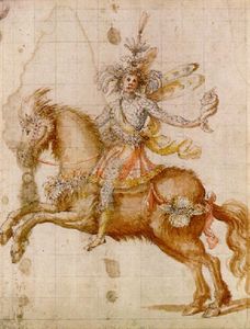 A fantastic figure on horseback holding a conch design for a cavalcade