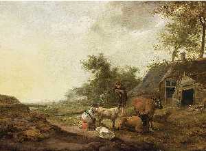 un paysage avec  une  servante  traite  une  mouton
