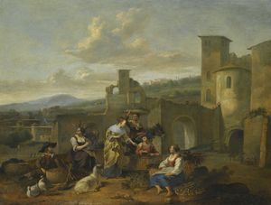 Un paisaje italianizante con vendedores de verduras