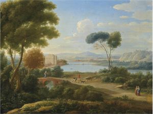 A classical river landscape with figures on a path and a palace in the distance