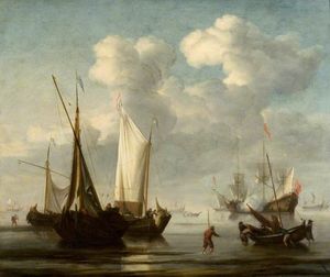 Fishing Vessels off a Beach, with a Man-of-War at Anchor