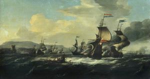 Битва между голландский и берберские пираты рядом берег
