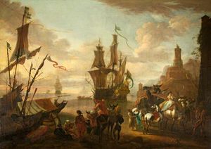 Una escena del puerto con las figuras orientales