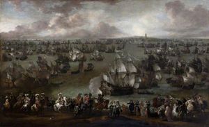 Louis XIV (1638 1715), König von Frankreich, der Überprüfung seiner Flotte in Dünkirchen, von Vertretern der Stadt Met