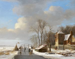 Snowy polder landscape with skaters