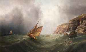 Una escena costera con un acantilado, un barco de pesca y un mercante en una tormenta