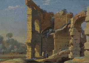 An italianate landscape with figures conversing near ancient ruins