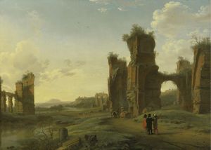 An italianate landscape with three figures surveying the land