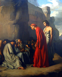 Dante led by Virgil, offers consolation to the souls of the envious