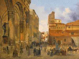A View of the Piazza della Signoria with the Loggia dei Lanzi at Left by Ippolito Caffi