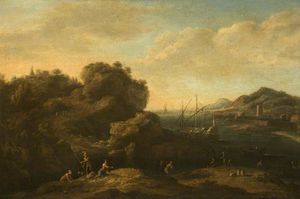 A Rocky Mediterranean Coast with Peasants and a Galley