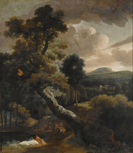 A wooded hilly landscape with figures resting near a stream, horsemen on a path nearby, a view of a town beyond