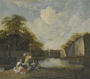 River landscape with party fishing